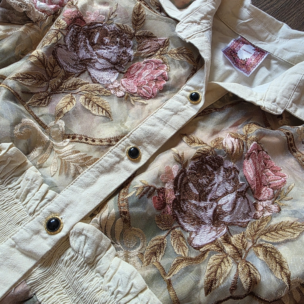 Floral Lace Puff-Sleeve Girls' Shirt - Pink & Cream - Picture 4 of 6